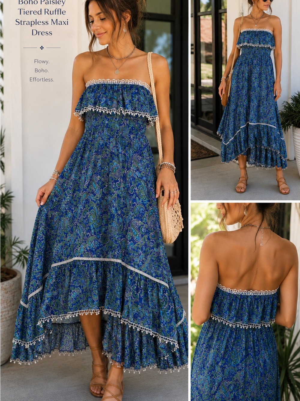 Blue Paisley Strapless Maxi Dress - Blue M boho tiered Rancho Estancia